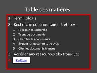 Table des matières 
1. Terminologie 
2. Recherche documentaire : 5 étapes 
1. Préparer sa recherche 
2. Types de documents 
3. Chercher les documents 
4. Évaluer les documents trouvés 
5. Citer les documents trouvés 
3. Accéder aux ressources électroniques 
4. EnEnddNNootete 
 
