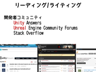 リーディング/ライティング
開発者コミュニティ
Unity Answers
Unreal Engine Community Forums
Stack Overflow

 