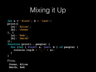 Destructuring Arrays
Something analogous to Python’s Tuples:
let myArray = [1, 2]; 
let [a, b] = myArray; 
console.log(a, b);
Prints: 
1 2
 