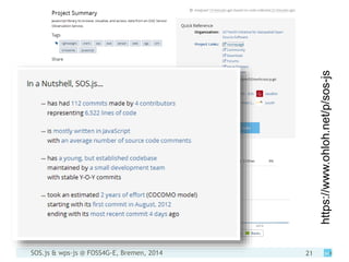 SOS.js & wps-js @ FOSS4G-E, Bremen, 2014 21
https://www.ohloh.net/p/sos-js
 