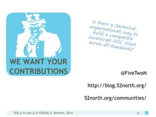 SOS.js & wps-js @ FOSS4G-E, Bremen, 2014 31
@FiveTwoN
http://blog.52north.org/
52north.org/communities/
 