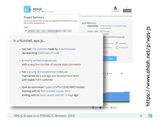 SOS.js & wps-js @ FOSS4G-E, Bremen, 2014 9
https://www.ohloh.net/p/wps-js
 