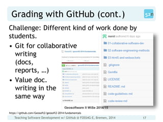 Teaching Software Development w/ GitHub @ FOSS4G-E, Bremen, 2014 17
Grading with GitHub (cont.)
Challenge: Different kind of work done by
students.
• Git for collaborative
writing
(docs,
reports, …)
• Value doc.
writing in the
same way
https://github.com/Geosoft2/geosoft2-2014-fundamentals
 