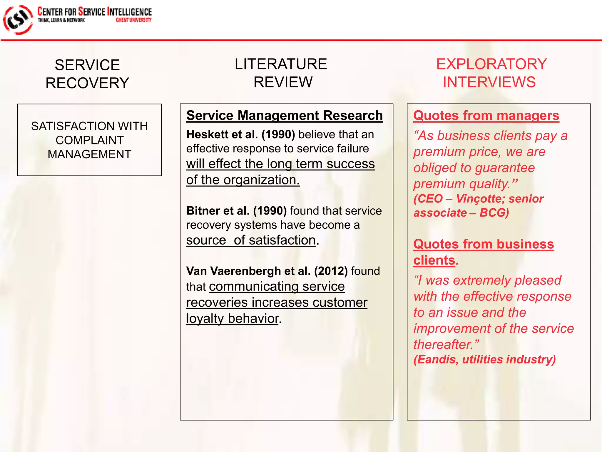 Service Management Research 
Heskett et al. (1990) believe that an 
effective response to service failure 
will effect the long term success 
of the organization. 
Bitner et al. (1990) found that service 
recovery systems have become a 
source of satisfaction. 
Van Vaerenbergh et al. (2012) found 
that communicating service 
recoveries increases customer 
loyalty behavior. 
Quotes from managers 
“As business clients pay a 
premium price, we are 
obliged to guarantee 
premium quality.” 
(CEO – Vinçotte; senior 
associate – BCG) 
Quotes from business 
clients. 
“I was extremely pleased 
with the effective response 
to an issue and the 
improvement of the service 
thereafter.” 
(Eandis, utilities industry) 
SERVICE 
RECOVERY 
LITERATURE 
REVIEW 
EXPLORATORY 
INTERVIEWS 
SATISFACTION WITH 
COMPLAINT 
MANAGEMENT 
 