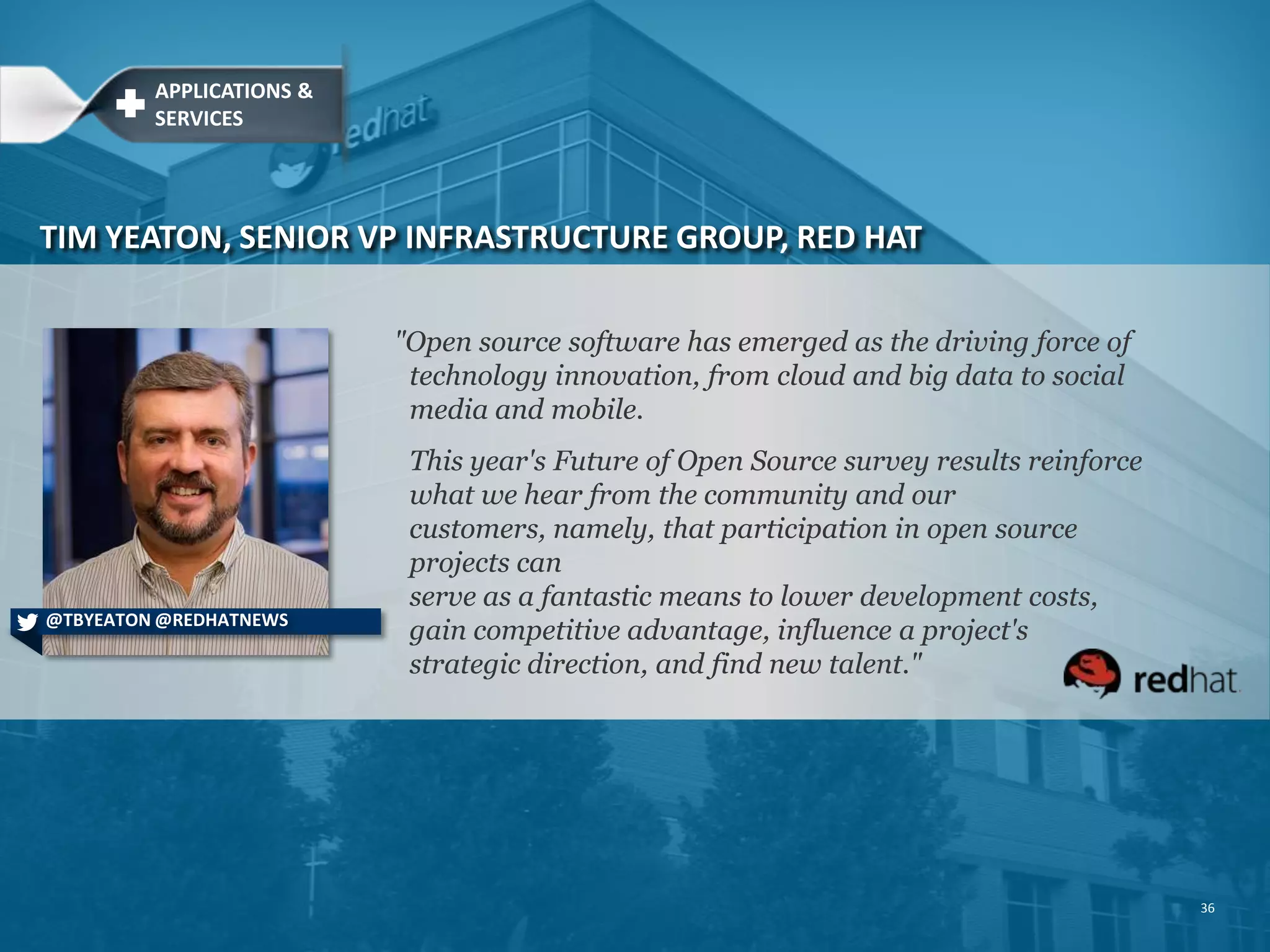 36
"Open source software has emerged as the driving force of
technology innovation, from cloud and big data to social
media and mobile.
This year's Future of Open Source survey results reinforce
what we hear from the community and our
customers, namely, that participation in open source
projects can
serve as a fantastic means to lower development costs,
gain competitive advantage, influence a project's
strategic direction, and find new talent."
TIM YEATON, SENIOR VP INFRASTRUCTURE GROUP, RED HAT
@TBYEATON @REDHATNEWS
APPLICATIONS &
SERVICES
 