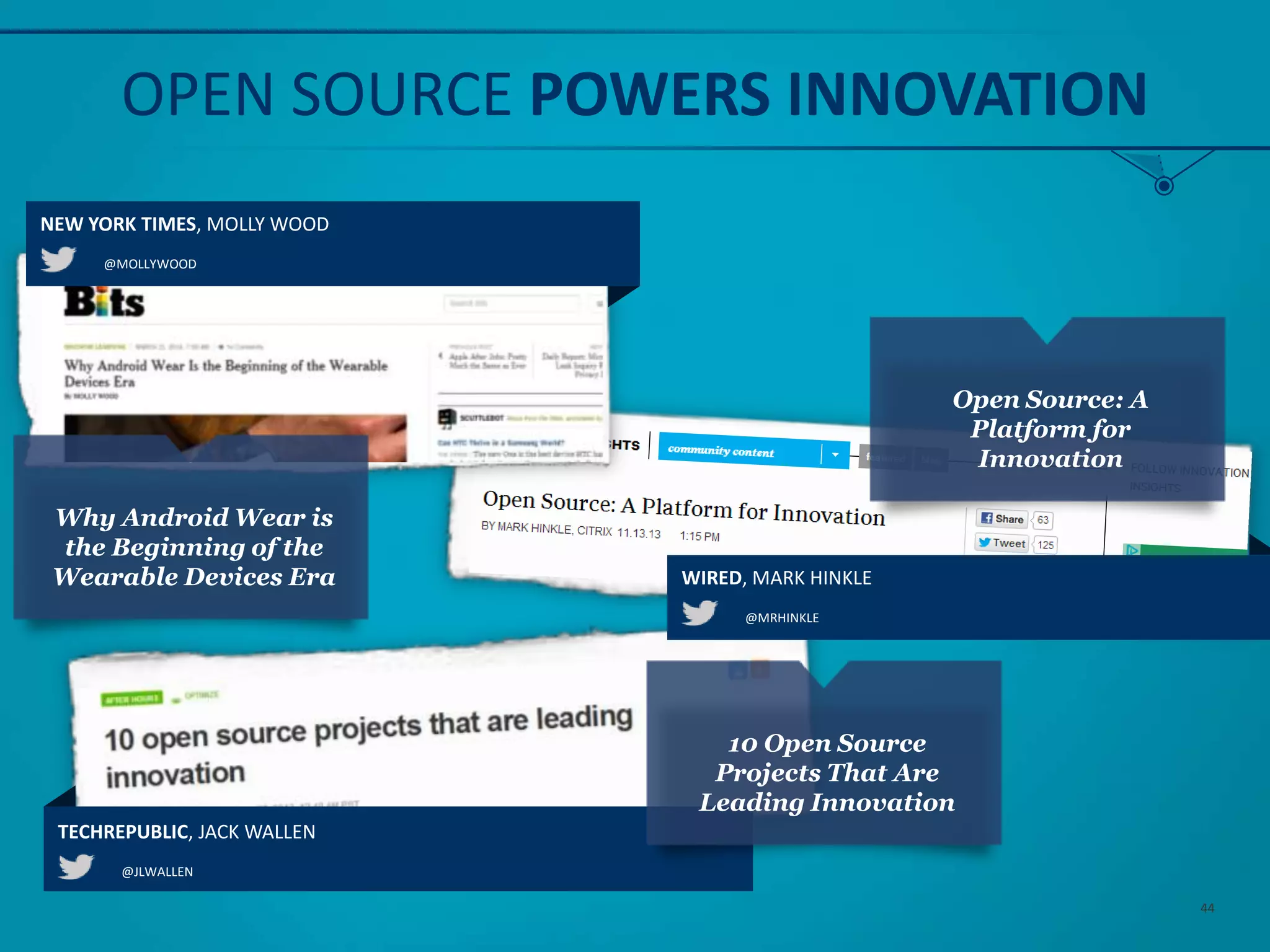 @MRHINKLE
WIRED, MARK HINKLE
OPEN SOURCE POWERS INNOVATION
Open Source: A
Platform for
Innovation
Why Android Wear is
the Beginning of the
Wearable Devices Era
@MOLLYWOOD
NEW YORK TIMES, MOLLY WOOD
@JLWALLEN
TECHREPUBLIC, JACK WALLEN
10 Open Source
Projects That Are
Leading Innovation
44
 