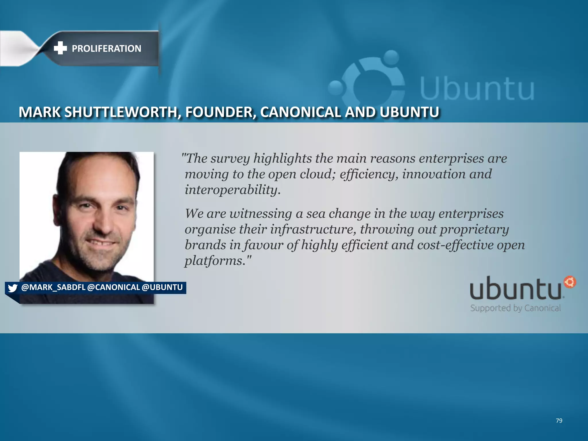 "The survey highlights the main reasons enterprises are
moving to the open cloud; efficiency, innovation and
interoperability.
We are witnessing a sea change in the way enterprises
organise their infrastructure, throwing out proprietary
brands in favour of highly efficient and cost-effective open
platforms."
79
MARK SHUTTLEWORTH, FOUNDER, CANONICAL AND UBUNTU
@SABDFL @CANONICAL @UBUNTU
PROLIFERATION
 