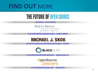 FIND OUT MORE
#FUTUREOSS I @FUTUREOFOSS
HTTP://NORTHBRIDGE.COM/OPEN-SOURCE I @NORTH_BRIDGE
HTTP://WWW.MJSKOK.COM/RESOURCES/OPEN-SOURCE I @MJSKOK
HTTP://WWW.BLACKDUCKSOFTWARE.COM/ I @BLACK_DUCK_SW
HTTP://OPENSOURCEDELIVERS.COM/ I @OSDELIVERS
86
 