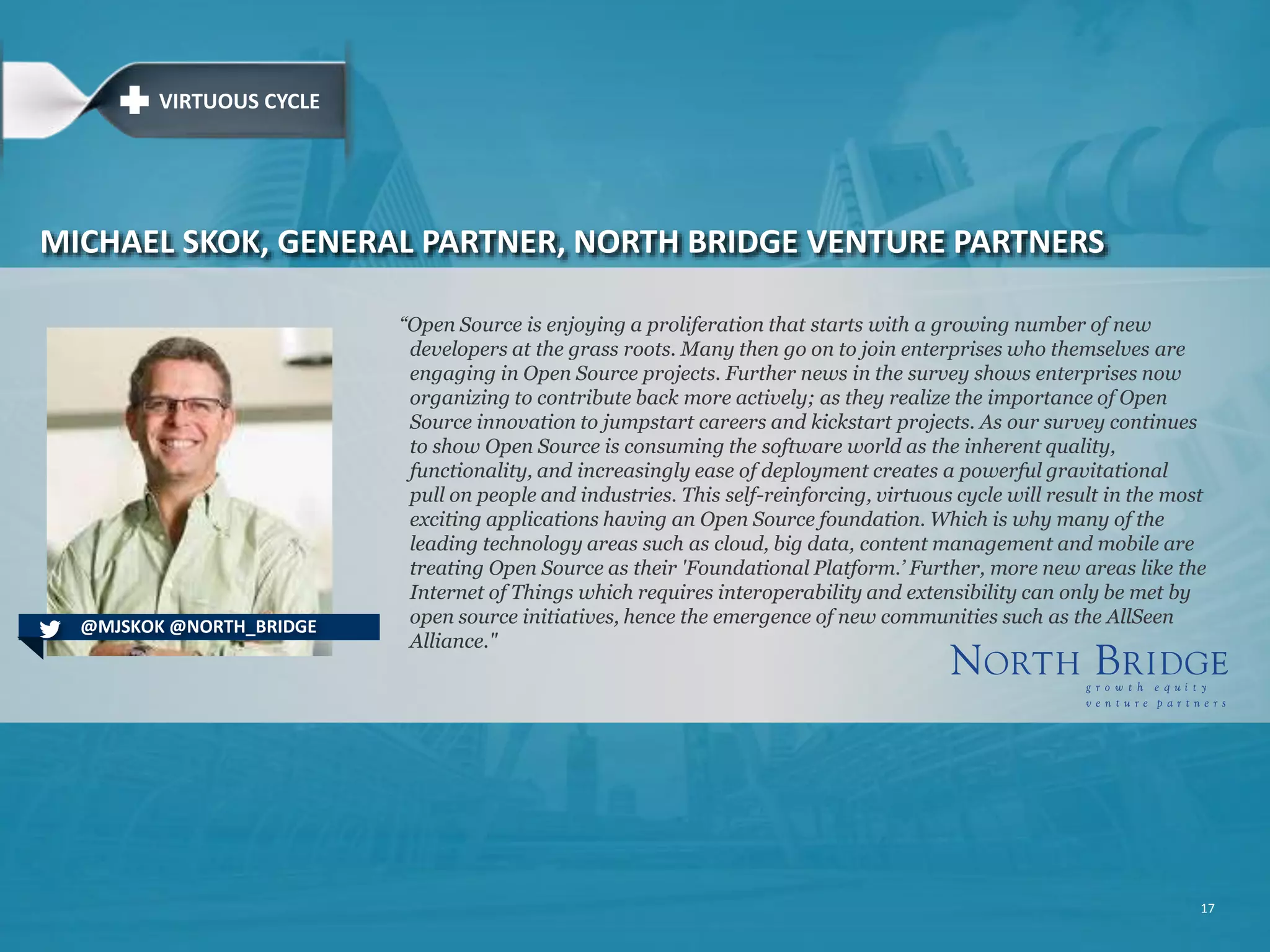 THE FUTURE OF OPEN SOURCE: VIRTUOUS CYCLE DEVELOPERS 17 VENDORS & ENTERPRISES APPLICATIONS & SERVICES REACH INTO INDUSTRIES IMPACT TO PEOPLE 1 2 3 4 5 ParticipationProliferation 6 SPECIALIZATION INTERNET OF THINGS7 Foundation Democratization 