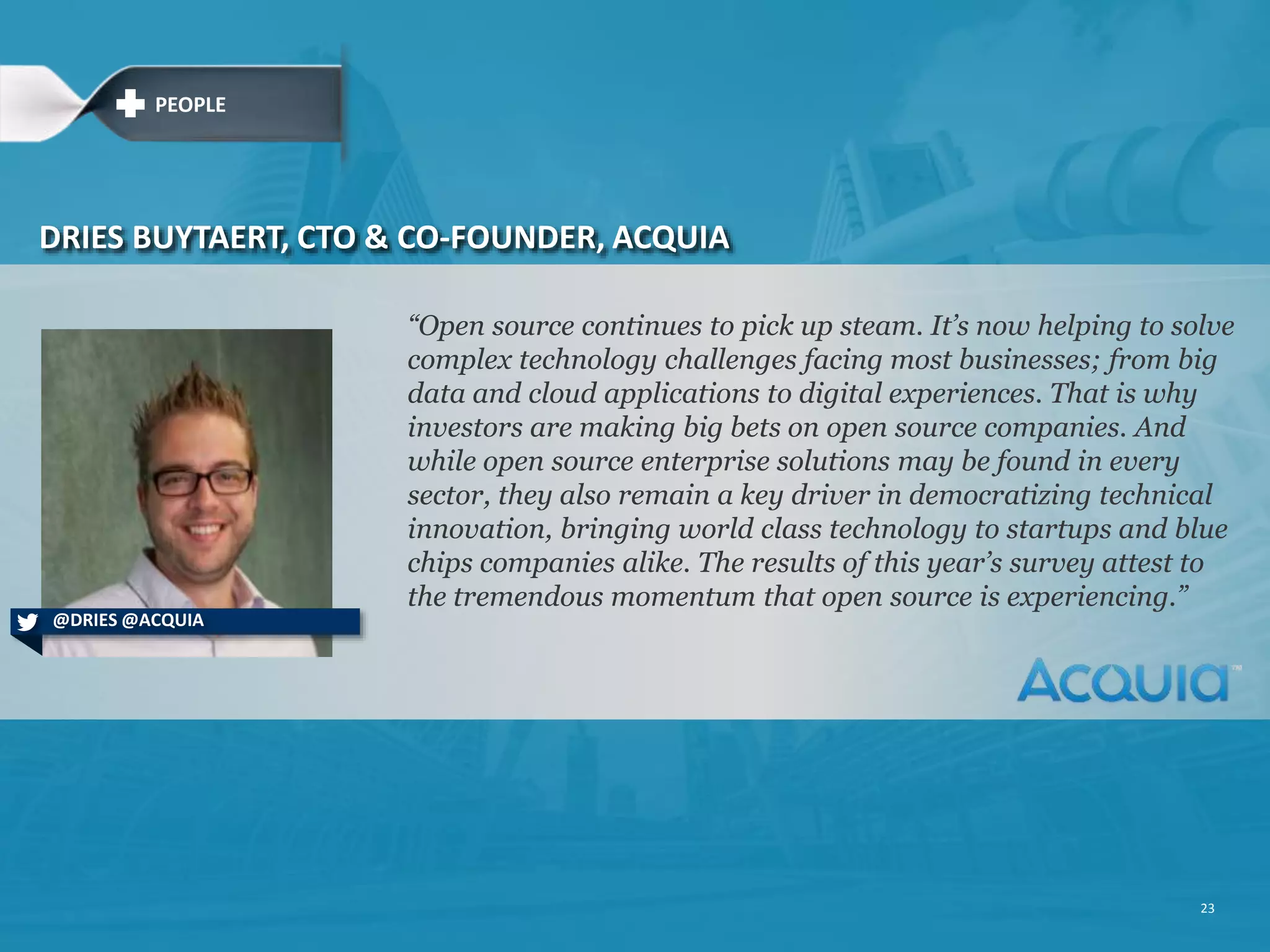 “I'm proud of what the Postgres community has become - a dedicated and highly principled group of individuals who are creating and shepherding the world's most advanced open source database. Any recognition is a validation of the community and what we have built.” BRUCE MOMJIAN, CORE CONTRIBUTOR & CCO-FOUNDER OF POSTGRESQL GLOBAL DEVELOPMENT GROUP & SENIOR DATABASE ARCHITECT, ENTERPRISEDB @PLANETPOSTGRES @ENTERPRISEDB PEOPLE 23 