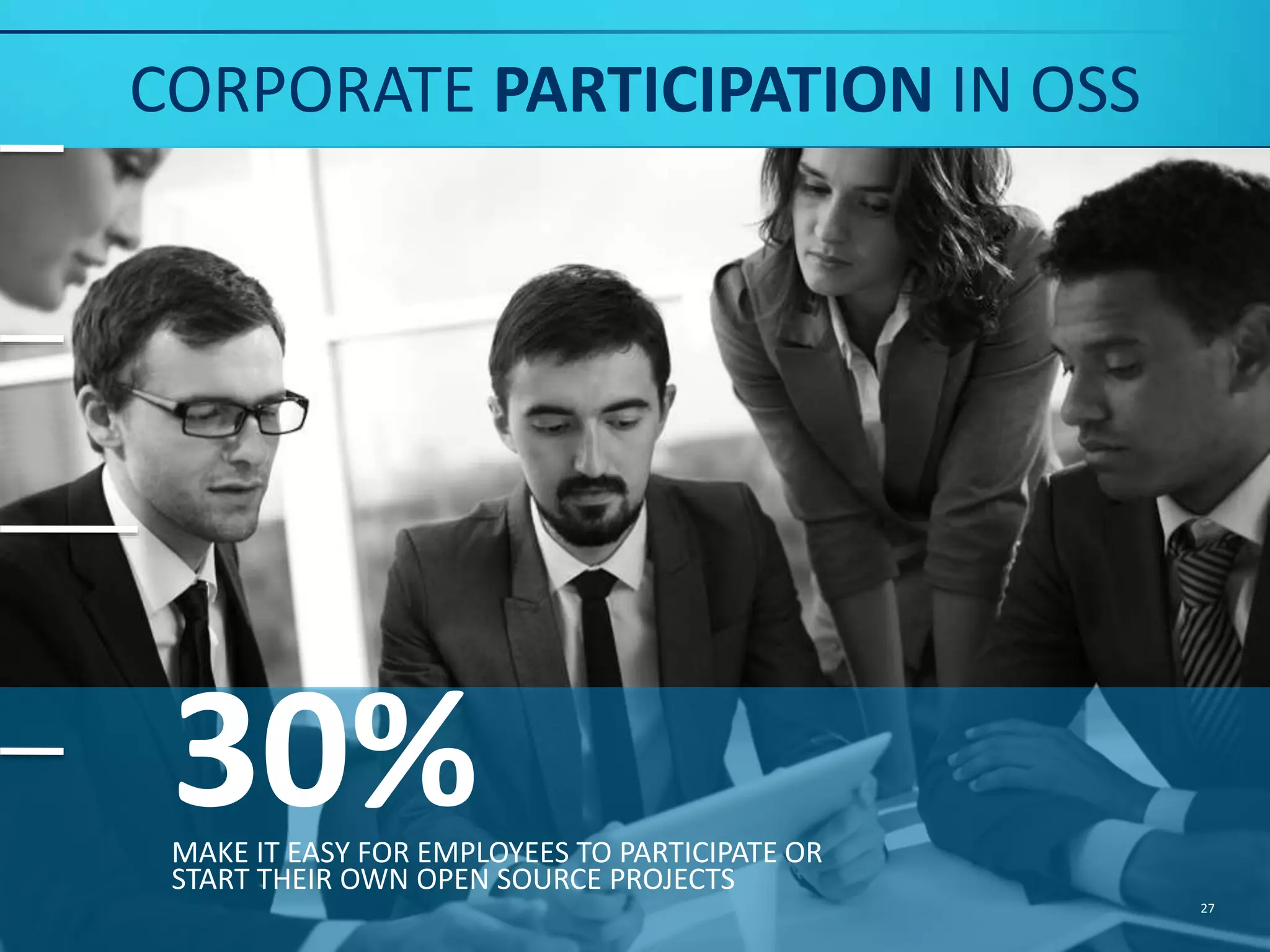 “Developers joining today’s workforce are looking for companies that not only use and contribute to open source, but also create a culture of open, community-style development. As a result, enterprises must understand and adopt an Inner Source approach of applying OSS methods, processes and culture to internal development. By leveraging the innovation, collaboration, and efficiencies associated with open source communities inside their corporate firewalls, these organizations will not only attract the best new talent, but also to stay competitive now and in the future.” GUY MARTIN, SENIOR OPEN SOURCE STRATEGIST, SAMSUNG OPEN SOURCE GROUP @GUYMA ENTERPRISES 27 