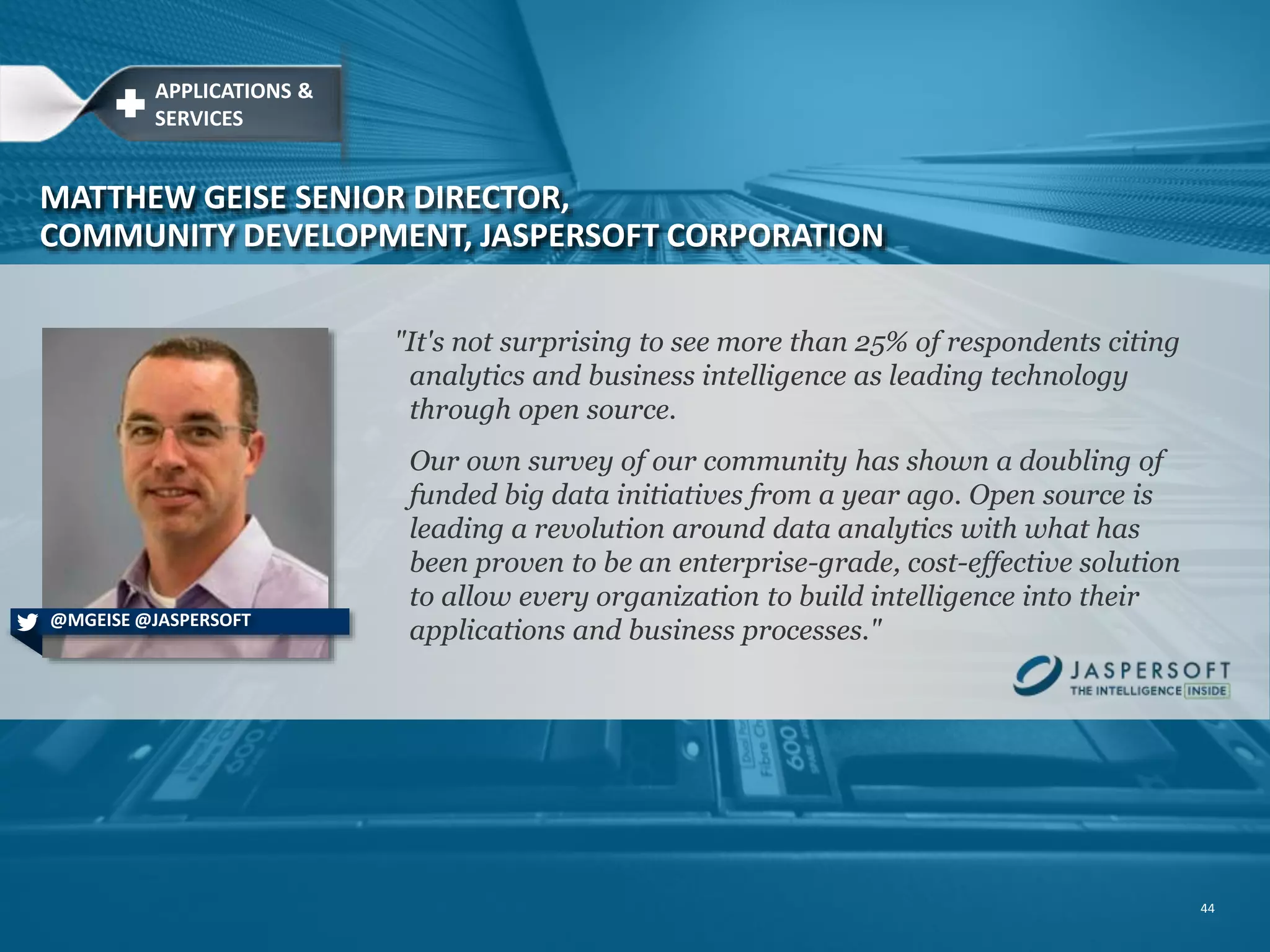 @MRHINKLE WIRED, MARK HINKLE OPEN SOURCE POWERS INNOVATION Open Source: A Platform for Innovation Why Android Wear is the Beginning of the Wearable Devices Era @MOLLYWOOD NEW YORK TIMES, MOLLY WOOD @JLWALLEN TECHREPUBLIC, JACK WALLEN 10 Open Source Projects That Are Leading Innovation 44 