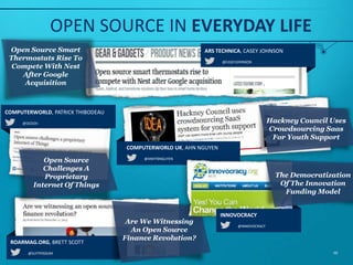 THE FUTURE OF OPEN SOURCE: VIRTUOUS CYCLE
DEVELOPERS
60
VENDORS &
ENTERPRISES
APPLICATIONS &
SERVICES
REACH INTO
INDUSTRIES
IMPACT TO
PEOPLE
1
2
3
4
5
ParticipationProliferation
6
SPECIALIZATION
INTERNET OF
THINGS7
Foundation
Democratization
 