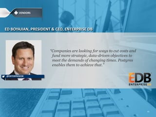 “It's not surprising to see the increase in enterprise open
source adoption. The benefits of open source are well
known and our ability to manage its usage continues to
improve.
Enterprises are smart to let developers choose the best
available solution to accelerate complex development. With
the right oversight and support in place, mission-critical
applications can safely benefit from open source. It's
something we expect to see become ubiquitous.”
ROD COPE, CTO, OPENLOGIC - A ROGUE WAVE COMPANY
@RODCOPE @OPENLOGIC
VENDORS
83
 