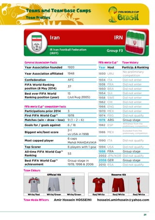 Teams and Team Base Camps
Team Profiles
89
General Association Facts FIFA World Cup™ Team History
Year Association founded 1920 Year Host Particip. & Ranking
Year Association affiliated 1948 1930 URU
No preliminary
competition
Confederation AFC 1934 ITA Did not enter
FIFA World Ranking
position (8 May 2014)
37
1938 FRA Did not enter
1950 BRA Did not enter
Best ever FIFA World
Ranking position (year)
15
(Jul/Aug 2005)
1954 SUI Did not enter
1958 SWE Did not enter
1962 CHI Did not enter
FIFA World Cup™ competition facts 1966 ENG Did not enter
Participations prior 2014 3 1970 MEX Did not enter
First FIFA World Cup™ 1978 1974 FRG Did not qualify
Matches (win – draw – loss) 9 (1 – 2 – 6) 1978 ARG Group stage
Goals for / goals against 6 / 18 1982 ESP
Withdrew from the
preliminary competition
Biggest win/best score
2-1
vs USA in 1998
1986 MEX
Excluded from the
preliminary competition
Most capped player
6 caps
Mehdi MAHDAVIKIA
1990 ITA Did not qualify
Top Scorer 6 players with 1 goal 1994 USA Did not qualify
All-time FIFA World Cup™
Ranking
53
1998 FRA Group stage
2002 JPN/KOR Did not qualify
Best FIFA World Cup™
achievement
Group stage in
1978, 1998 & 2006
2006 GER Group stage
2010 RSA Did not qualify
Team Colours
Team Media Officers Amir Hossein HOSSEINI hosseini.amirhosein@yahoo.com
 
