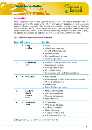 Media Accreditation
7
Introduction
Media accreditation is the guarantee of access of media professionals to
stadiums and to the areas where they will work, in accordance with a zoning
system. Please remember that media accreditation grants access to Stadium
Media Centres (SMC), but not automatically to media tribunes, mixed zones and
press conference rooms, or to photographer-only locations on the field of play.
To access these areas a Supplementary Access Device (SAD) is needed.
Accreditation zones relevant to media
Zone SADs Area Details
1 * Field
of play
 Pitch
 Substitutes benches
 Fourth Official’s bench
 Photographers
 Pitch and tunnel access
 Pitch site position
3 Circulation
area
 General public entrance and areas
 Public toilet facilities
 Public points of sale
 First aid facilities
 Commercial and Host Cities displays
6 * Press box  Media seats
 Commentary positions and observers seats
 Photographers seats
 Mixed Zone
 Press Conference room
7 Stadium
Media
Centre
(SMC)
 Media working area
 Media catering area
 Photographers area
 Media services
8 * Broadcast
Area
 TV compound
 TV & Radio Studios
 Camera Platforms
 Flash Interview
 Announce Platforms
 VIP Interview Position
(*) Supplementary Access Devices needed on match days
 