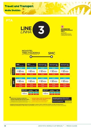Travel and Transport
Media Shuttles
40 2014 FIFA WORLD CUP BRAZIL™ – MEDIA GUIDE
 