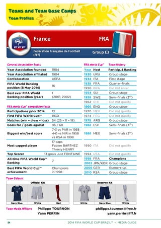 Teams and Team Base Camps
Team Profiles
84 2014 FIFA WORLD CUP BRAZIL™ – MEDIA GUIDE
General Association Facts FIFA World Cup™ Team History
Year Association founded 1904 Year Host Particip. & Ranking
Year Association affiliated 1904 1930 URU Group stage
Confederation UEFA 1934 ITA First stage
FIFA World Ranking
position (8 May 2014)
16
1938 FRA Quarter-finals
1950 BRA Did not enter
Best ever FIFA World
Ranking position (year)
1
(2001, 2002)
1954 SUI Group stage
1958 SWE Semi-finals (3rd
)
1962 CHI Did not qualify
FIFA World Cup™ competition facts 1966 ENG Group stage
Participations prior 2014 13 1970 MEX Did not qualify
First FIFA World Cup™ 1930 1974 FRG Did not qualify
Matches (win – draw – loss) 54 (25 – 11 – 18) 1978 ARG Group stage
Goals for / goals against 96 / 68 1982 ESP Semi-finals (4th
)
Biggest win/best score
7-3 vs PAR in 1958
4-0 vs NIR in 1958
vs KSA in 1998
1986 MEX Semi-finals (3rd
)
Most capped player
17 caps
Fabien BARTHEZ
Thierry HENRY
1990 ITA Did not qualify
Top Scorer 13 goals Just FONTAINE 1994 USA Did not qualify
All-time FIFA World Cup™
Ranking
7
1998 FRA Champions
2002 JPN/KOR Group stage
Best FIFA World Cup™
achievement
Champions
in 1998
2006 GER Runners-up
2010 RSA Group stage
Team Colours
Team Media Officers Philippe TOURNON philippe.tournon@free.fr
Yann PERRIN yann.perrin@fff.fr
 