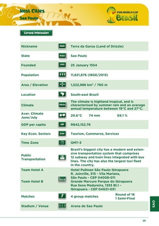 SAO
Host Cities
Sao Paulo
211
Nickname Terra da Garoa (Land of Drizzle)
State Sao Paulo
Founded 25 January 1554
Population 11,821,876 (IBGE/2013)
Area / Elevation 1,522,986 km2 / 760 m
Location South-east Brazil
Climate
The climate is highland tropical, and is
characterised by summer rain and an average
annual temperature between 19°C and 27°C.
Aver. Climate
June/July
20.6°C 74 mm 69.1 %
GDP per capita R$42,152.76
Key Econ. Sectors Tourism, Commerce, Services
Time Zone GMT-3
Public
Transportation
Brazil’s biggest city has a modern and exten-
sive transportation system that comprises
12 subway and train lines integrated with bus
lines. The city has also the largest taxi fleet
in the country.
Team Hotel A
Team Hotel B
Hotel Pullman São Paulo Ibirapuera
R. Joinville, 515 - Vila Mariana,
São Paulo - CEP 04008-011
Grande Mercure Parque do Ibirapuera
Rua Sena Madureira, 1355 Bl.1 -
Ibirapuera - CEP 04021-051
Matches 4 group matches
Round of 16
1 Semi-Final
Stadium / Venue Arena de Sao Paulo
 