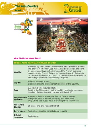 The Host Country
Brazil
111
Vital Statistics about Brazil
Offilcial name Federative Republic of Brazil
Location
Bounded by the Atlantic Ocean on the east, Brazil has a coast-
line of over 7,491 km (4,655 miles). It is bordered on the north
by Venezuela, Guyana, Suriname and the French overseas
department of French Guiana; on the northwest by Colombia;
on the west by Bolivia and Peru; on the southwest by Argentina
and Paraguay and on the south by Uruguay
Capital
Brasilia; founded in 1960,
Brasilia is close to the geographic center of the Country
Area
8,514,876.6 km2 (Source: IBGE)
Brazil is the fifth country in the world in territorial extension
Number of countries with borders with Brazil: 10
Neighbouring
countries
Argentina, Bolivia, Colombia, French Guiana, Guiana,
Paraguay, Peru, Suriname, Uruguay and Venezuela
Only China and Russia have more neighbors than Brazil
Federative
Division
26 states and one Federal District
Government Federal presidential constitutional republic
Official
Language
Portuguese
 