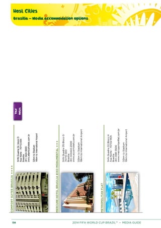 Host Cities
Brasilia – Media accommodation options
134 2014 FIFA WORLD CUP BRAZIL™ – MEDIA GUIDE
 