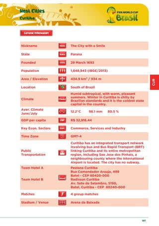 CUR
Host Cities
Curitiba
147
Nickname The City with a Smile
State Parana
Founded 29 March 1693
Population 1,848,943 (IBGE/2013)
Area / Elevation 434.9 km2 / 934 m
Location South of Brazil
Climate
Humid subtropical, with warm, pleasant
summers. Winter in Curitiba is chilly by
Brazilian standards and it is the coldest state
capital in the country.
Aver. Climate
June/July
12.2°C 98.1 mm 80.5 %
GDP per capita R$ 32,916.44
Key Econ. Sectors Commerce, Services and Industry
Time Zone GMT-4
Public
Transportation
Curitiba has an integrated transport network
involving bus and Bus Rapid Transport (BRT)
linking Curitiba and its entire metropolitan
region, including Sao Jose dos Pinhais, a
neighbouring county where the International
Airport is located. The city has no subway.
Team Hotel A
Team Hotel B
Pestana Curitiba
Rua Comendador Araujo, 499
Batel - CEP 80420-000
Radisson Curitiba
Av. Sete de Setembro, 5190,
Batel, Curitiba - CEP 80240-000
Matches 4 group matches
Stadium / Venue Arena da Baixada
 