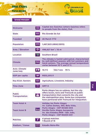 PTA
Host Cities
Porto Alegre
179
Nickname
Capital dos Gaúchos (where Gaúchos refers
to people from the state), PoA
State Rio Grande do Sul
Founded 26 March 1772
Population 1,467,823 (IBGE/2013)
Area / Elevation 496,827 km2 / 10 m
Location Southern Brazil
Climate
The climate is humid subtropical, characterised
by well-defined seasons with hot summers and
harsh winters. The average annual temperature
varies between 10°C and 21°C.
Aver. Climate
June/July
15.1°C 132.7 mm 79 %
GDP per capita R$32,203.11
Key Econ. Sectors Agriculture, Livestock, Industry
Time Zone GMT-3
Public
Transportation
Porto Alegre has no subway, but the city
offers buses, taxis and Trensurb as public
transportation that connects the city and
the metropolitan area. Some bus companies
have partnered with Trensurb for integration.
Team Hotel A
Team Hotel B
Holiday Inn Porto Alegre
Av. Carlos Gomes, 565, Bela Vista,
Porto Alegre - CEP 90480-003
Deville Porto Alegre Aeroporto
Av. dos Estados,1909 - São João,
Porto Alegre - CEP 90200-001
Matches
4 group matches
1 Round of 16
Stadium / Venue Estadio Beira-Rio
 