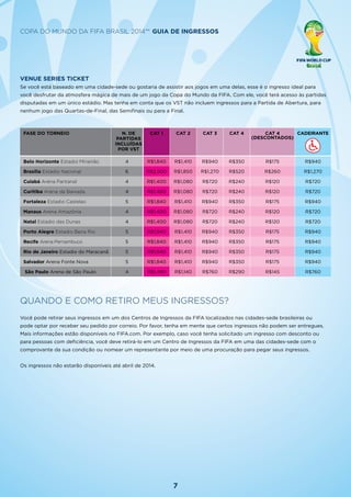 7
Copa do Mundo da FIFA Brasil 2014™ Guia de Ingressos
Venue series ticket
Se você está baseado em uma cidade-sede ou gostaria de assistir aos jogos em uma delas, esse é o ingresso ideal para
você desfrutar da atmosfera mágica de mais de um jogo da Copa do Mundo da FIFA. Com ele, você terá acesso às partidas
disputadas em um único estádio. Mas tenha em conta que os VST não incluem ingressos para a Partida de Abertura, para
nenhum jogo das Quartas-de-Final, das Semifinais ou para a Final.
QUANDO E COMO RETIRO MEUS INGRESSOS?
Você pode retirar seus ingressos em um dos Centros de Ingressos da FIFA localizados nas cidades-sede brasileiras ou
pode optar por receber seu pedido por correio. Por favor, tenha em mente que certos ingressos não podem ser entregues.
Mais informações estão disponíveis no FIFA.com. Por exemplo, caso você tenha solicitado um ingresso com desconto ou
para pessoas com deficiência, você deve retirá-lo em um Centro de Ingressos da FIFA em uma das cidades-sede com o
comprovante da sua condição ou nomear um representante por meio de uma procuração para pegar seus ingressos.
Os ingressos não estarão disponíveis até abril de 2014.
FASE DO TORNEIO N. DE
PARTIDAS
INCLUÍDAS
POR VST
Cat 1 Cat 2 Cat 3 Cat 4 Cat 4
(DESCONTADOS)
CADEIRANTE
Belo Horizonte Estadio Mineirão 4 R$1,840 R$1,410 R$940 R$350 R$175 R$940
Brasília Estadio Nacional 6 R$2,500 R$1,850 R$1,270 R$520 R$260 R$1,270
Cuiabá Arena Pantanal 4 R$1,400 R$1,080 R$720 R$240 R$120 R$720
Curitiba Arena da Baixada 4 R$1,400 R$1,080 R$720 R$240 R$120 R$720
Fortaleza Estadio Castelao 5 R$1,840 R$1,410 R$940 R$350 R$175 R$940
Manaus Arena Amazônia 4 R$1,400 R$1,080 R$720 R$240 R$120 R$720
Natal Estadio das Dunas 4 R$1,400 R$1,080 R$720 R$240 R$120 R$720
Porto Alegre Estadio Beira Rio 5 R$1,840 R$1,410 R$940 R$350 R$175 R$940
Recife Arena Pernambuco 5 R$1,840 R$1,410 R$940 R$350 R$175 R$940
Rio de Janeiro Estadio do Maracanã 5 R$1,840 R$1,410 R$940 R$350 R$175 R$940
Salvador Arena Fonte Nova 5 R$1,840 R$1,410 R$940 R$350 R$175 R$940
São Paulo Arena de São Paulo 4 R$1,490 R$1,140 R$760 R$290 R$145 R$760
 