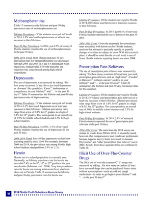 2014 Florida Youth Substance Abuse Survey
16
Methamphetamine
Table 17 summarizes the lifetime and past-30-day
prevalence rates of methamphetamine use.
Lifetime Prevalence. Of the students surveyed in Florida
in 2014, 1.0% used methamphetamines on at least one
occasion in their lifetimes.
Past-30-Day Prevalence. In 2014, just 0.5% of surveyed
Florida students reported the use of methamphetamines
in the past 30 days.
2004-2014 Trend. Both lifetime and past-30-day
prevalence rates for methamphetamine use decreased
between 2004 and 2014 (1.6 and 0.4 percentage-point
reductions, respectively). For both measures the
reduction was concentrated among high school
respondents.
Depressants
The use of depressants was measured by asking: “On
how many occasions (if any) have you used depressants
or ‘downers’ like quaaludes, Xanax®
, barbiturates or
tranquilizers, in your lifetime?” and “… in the past 30
days?” Table 18 summarizes the lifetime and past-30-day
prevalence rates of depressant use.
Lifetime Prevalence. Of the students surveyed in Florida
in 2014, 4.3% have used depressants on at least one
occasion in their lifetimes. Lifetime prevalence rates
range from a low of 0.8% for 6th
graders to a high of
7.8% for 12th
graders. This corresponds to an overall rate
of 1.9% for middle school students and 6.2% for high
school students.
Past-30-Day Prevalence. In 2014, 1.5% of surveyed
Florida students reported the use of depressants in the
past 30 days.
2004-2014 Trend. Past-30-day depressant use has been
declining steadily since 2004. For example, between
2004 and 2014, the prevalence rate among Florida high
school students dropped from 3.9% to 2.1%.
Heroin
Heroin use in a school population is extremely rare.
Nationally, no lifetime prevalence rate for heroin has
exceeded 2.4% in the 8th
, 10th
or 12th
grades in the past
two decades (Johnston et al., 2014). Very low prevalence
rates for heroin use among adolescents have also been
observed in Florida. Table 19 summarizes the lifetime
and past-30-day prevalence rates for heroin use.
Lifetime Prevalence. Of the students surveyed in Florida
in 2014, 0.6% have used heroin on at least one occasion
in their lifetimes.
Past-30-Day Prevalence. In 2014, just 0.3% of surveyed
Florida students reported the use of heroin in the past 30
days.
2004-2014 Trend. Given the extremely low prevalence
rates associated with heroin use by Florida students,
analyses that attempt to precisely specify or quantify
changes over time are subject to error. With this caveat in
place, it should be noted that the overall trend is one of
fewer Florida students reporting heroin use since 2004.
Prescription Pain Relievers
The use of prescription pain relievers was measured by
asking: “On how many occasions (if any) have you used
prescription pain relievers such as OxyContin®
,Vicodin®
or Darvocet®
, without a doctor’s orders, in your
lifetime?” and “… in the past 30 days?” Table 20
summarizes the lifetime and past-30-day prevalence rates
for this question.
Lifetime Prevalence. Of the students surveyed in Florida
in 2014, 5.5% have used prescription pain relievers on at
least one occasion in their lifetimes. Lifetime prevalence
rates range from a low of 1.8% for 6th
graders to a high
of 8.3% for 12th
graders. This corresponds to an overall
rate of 3.0% for middle school students and 7.3% for
high school students.
Past-30-Day Prevalence. In 2014, 2.1% of surveyed
Florida students reported the use of prescription pain
relievers in the past 30 days.
2004-2014 Trend. The rates from the 2014 survey are
similar to results from 2004 to 2012. It should be noted,
however, that comparisons to past results are problematic
because separate survey items were used to measure
OxyContin®
and “other prescription pain reliever” use in
2004. Results from these separate items are combined in
Table 20.
Illicit Use of Over-The-Counter
Drugs
The illicit use of over-the-counter (OTC) drugs was
measured by asking: “On how many occasions (if any)
have you used drugs that can be purchased from a store
without a prescription—such as cold and cough
medication—in order to get high in your lifetime?” and
“… in the past 30 days?”
 