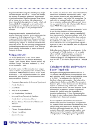 2014 Florida Youth Substance Abuse Survey
26
Programs that seek to change the attitudes young people
hold about the pros and cons of ATOD use, for example,
may produce an immediate reduction in the prevalence
of problem behaviors. The effectiveness of these efforts
will be limited, however, by the risk and protective
factors that underlie the acquisition of healthy beliefs and
clear standards. If young people have weak bonds to
prosocial groups and strong bonds to antisocial groups,
they will be less receptive to drug abuse prevention
messages.
An alternative prevention strategy might involve
targeting the risk and protective factors that operate at an
earlier point in the developmental process. While
programs and policies that increase the opportunities for
prosocial involvement in the family, at school and in the
community may not yield an immediate reduction in the
rates of ATOD use, they will encourage young people to
form attachments to sources of positive social influence,
thereby building the foundation for healthy behavioral
choices in the future.
Measurement
The 2014 FYSAS assesses 12 risk factors and six
protective factors across four domains: Community
Domain, Family Domain, School Domain, and Peer and
Individual Domain. Each factor is measured by a set of
survey items called a scale.
As noted in Section 1 of this report, this more compact
version of the risk and protective factor model was first
used with the 2008 middle school FYSAS. In this model,
the following 12 risk and protective factor scales, which
were deemed less critical for prevention planning, have
been removed from the survey:
 Community Opportunities for Prosocial Involvement
 Family Attachment
 Social Skills
 Belief in the Moral Order
 Low Neighborhood Attachment
 Laws and Norms Favorable to Handguns
 Family History of Antisocial Behavior
 Parental Attitudes Favorable toward Antisocial
Behavior
 Rebelliousness
 Friends’ Delinquent Behavior
 Friends’ Use of Drugs
 Sensation Seeking
For each risk and protective factor scale a threshold is set
above which respondents are considered to have a high
level of risk or protection and below which they are
considered to have a low level of risk or protection. For
each scale, the number of students with high levels of
risk or protection can be counted. This approach allows
risk and protective factor data to be reported in the same
way as ATOD data: as prevalence rates.
Under this system, a score of 60 for the protective factor
School Rewards for Prosocial Involvement would
indicate that 60% of surveyed students reported a high
level of protection for this protective factor, while 40%
reported a low level of protection. Risk factor scales are
scored in the same way. For example, a score of 55 for
the risk factor Favorable Attitudes toward ATOD Use
would indicate that 55% of surveyed students reported a
high level of risk for this risk factor, while 45% reported
a low level of risk.
Risk and protective factor scale prevalence rates for the
overall sample of Florida students, as well as middle
school and high school subsamples, are presented in
Tables 54 and 55 and Graphs 13 to 16. For trend
comparison purposes, risk and protective factor results
from the 2004 to 2014 FYSAS are presented in Tables 58
to 61.
Calculation of Risk and Protective
Factor Thresholds
The high-risk and high-protection thresholds used to
calculate the risk and protective factor prevalence rates
were calculated using a method recommended by Arthur
et al. (2007). For risk factor scales, the high-risk
threshold is the normative median—that is the scale’s
median value in the Communities That Care normative
database—plus .15 times the mean absolute deviation (a
measure of central tendency similar to the standard
deviation). In other words, risk factor thresholds are set
slightly above the normative median. For protective
factor scales, the high-protection threshold is the
normative median minus .15 times the mean absolute
deviation. In other words, protective factor thresholds are
set slightly below the normative median.
It is also important to note that risk and protection
thresholds are calculated separately for each grade level.
For most risk factors, this means that older students must
report a higher level of risk before crossing the scoring
threshold and being designated as at risk. For most
protective factors, this means that older students must
report a lower level of protection before crossing the
scoring threshold and being designated as protected.
 