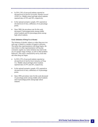 2014 Florida Youth Substance Abuse Survey
37
 In 2014, 36% of surveyed students reported an
elevated level of risk for Favorable Attitudes toward
ATOD Use. Middle school and high school students
reported rates of 32% and 38%, respectively.
 In the national normative sample, 42% reported an
elevated level of risk, a difference of six percentage
points.
 Since 2004, the prevalence rate for this scale
decreased 15 percentage points among middle
school students and five percentage points among
high school students.
Early Initiation of Drug Use (4 Items)
The initiation of alcohol, tobacco or other drug use at an
early age is linked to a number of negative outcomes.
The earlier that experimentation with drugs begins, the
more likely it is that experimentation will become
consistent, regular use. Early initiation may lead to the
use of a greater range of drugs, as well as other problem
behaviors. This scale is measured by survey items that
ask when drug use began.
 In 2014, 25% of surveyed students reported an
elevated level of risk for Early Initiation of Drug
Use. Middle school and high school students
reported rates of 25% and 26%, respectively.
 In the national normative sample, 43% reported an
elevated level of risk, a difference of 18 percentage
points.
 Since 2004, prevalence rates for this scale decreased
22 percentage points among middle school students
and 16 percentage points among high school
students.
 