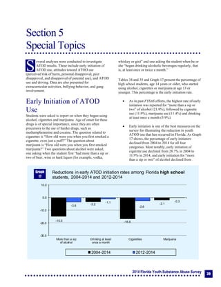 2014 Florida Youth Substance Abuse Survey
39
Section 5
Special Topics
Section 5: Special Topics
everal analyses were conducted to investigate
ATOD results. These include early initiation of
ATOD use, attitudes toward ATOD use
(perceived risk of harm, personal disapproval, peer
disapproval, and disapproval of parental use), and ATOD
use and driving. Data are also presented for
extracurricular activities, bullying behavior, and gang
involvement.
Early Initiation of ATOD
Use
Students were asked to report on when they began using
alcohol, cigarettes and marijuana. Age of onset for these
drugs is of special importance, since they are often
precursors to the use of harder drugs, such as
methamphetamine and cocaine. The question related to
cigarettes is “How old were you when you first smoked a
cigarette, even just a puff?” The question about
marijuana is “How old were you when you first smoked
marijuana?” Two questions about alcohol were asked,
one asking when the student first “had more than a sip or
two of beer, wine or hard liquor (for example, vodka,
whiskey or gin)” and one asking the student when he or
she “began drinking alcoholic beverages regularly, that
is, at least once or twice a month.”
Tables 34 and 35 and Graph 17 present the percentage of
high school students, age 14 years or older, who started
using alcohol, cigarettes or marijuana at age 13 or
younger. This percentage is the early initiation rate.
 As in past FYSAS efforts, the highest rate of early
initiation was reported for “more than a sip or
two” of alcohol (21.8%), followed by cigarette
use (11.9%), marijuana use (11.4%) and drinking
at least once a month (3.9%).
 Early initiation is one of the best measures on the
survey for illustrating the reduction in youth
ATOD use that has occurred in Florida. As Graph
17 shows, the percentage of early initiators
declined from 2004 to 2014 for all four
categories. Most notably, early initiation of
cigarette use declined from 28.7% in 2004 to
11.9% in 2014, and early initiation for “more
than a sip or two” of alcohol declined from
S
-15.0
-3.2
-16.8
-2.1
-3.6
-1.1
-2.6
-0.3
-30.0
-20.0
-10.0
0.0
10.0
More than a sip
of alcohol
Drinking at least
once a month
Cigarettes Marijuana
Reductions in early ATOD initiation rates among Florida high school
students, 2004-2014 and 2012-2014
2004-2014 2012-2014
Graph
17
 