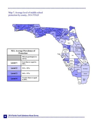 2014 Florida Youth Substance Abuse Survey
54
Collier
Broward
Palm Beach
HendryLee
GladesCharlotte
Martin
Pasco
Polk
Hardee
DeSoto
Highlands
Miami-
Dade
Monroe
Sarasota
Manatee
Hillsborough
Pinellas
St.
Lucie
Indian
River
Osceola
Brevard
Orange
Lake
Volusia
Hernando
Citrus
Sumter
Marion
Flagler
St.
Johns
Duval
Nassau
Putnam
Clay
Levy
Alachua
Union
Baker
Colum
bia
Hamilton
Seminole
Bradford
Dixie
Suwannee
Lafayette
Taylor
Madison
Jefferson
Leon
Wakulla
Gadsden
Liberty
FranklinGulf
Calhoun
Jackson
W
ashington
Holmes
Walton
O
kaloosa
Santa
Rosa
Escambia
Bay
Gilchrist
Okeechobee
Map 7. Average level of middle school
protection by county, 2014 FYSAS
M.S. Average Prevalence of
Protection
Did not participate in
survey
Level 1
Less than or equal to
50%
Level 2 51% - 53%
Level 3 54% - 57%
Level 4
Greater than or equal
to 58%
 