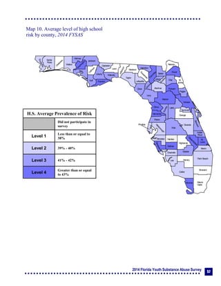 2014 Florida Youth Substance Abuse Survey 57
Collier
Broward
Palm Beach
HendryLee
GladesCharlotte
Martin
Pasco
Polk
Hardee
DeSoto
Highlands
Miami-
Dade
Monroe
Sarasota
Manatee
Hillsborough
Pinellas
St.
Lucie
Indian
River
Osceola
Brevard
Orange
Lake
Volusia
Hernando
Citrus
Sumter
Marion
Flagler
St.
Johns
Duval
Nassau
Putnam
Clay
Levy
Alachua
Union
Baker
Colum
bia
Hamilton
Seminole
Bradford
Dixie
Suwannee
Lafayette
Taylor
Madison
Jefferson
Leon
Wakulla
Gadsden
Liberty
FranklinGulf
Calhoun
Jackson
W
ashington
Holmes
Walton
O
kaloosa
Santa
Rosa
Escambia
Bay
Gilchrist
Okeechobee
Map 10. Average level of high school
risk by county, 2014 FYSAS
H.S. Average Prevalence of Risk
Did not participate in
survey
Level 1
Less than or equal to
38%
Level 2 39% - 40%
Level 3 41% - 42%
Level 4
Greater than or equal
to 43%
 