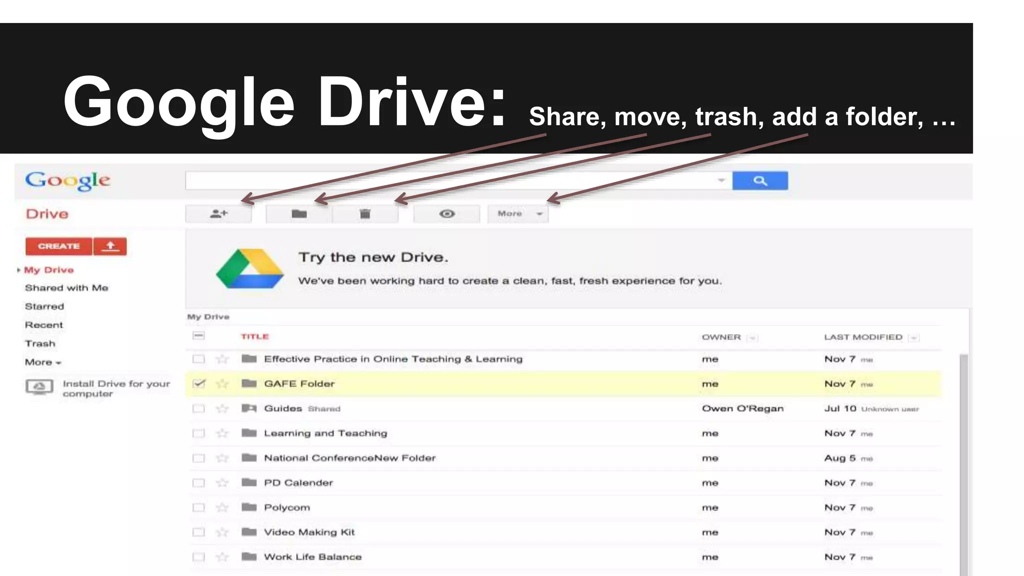 Google Drive: Share, move, trash, add a folder, … 
 