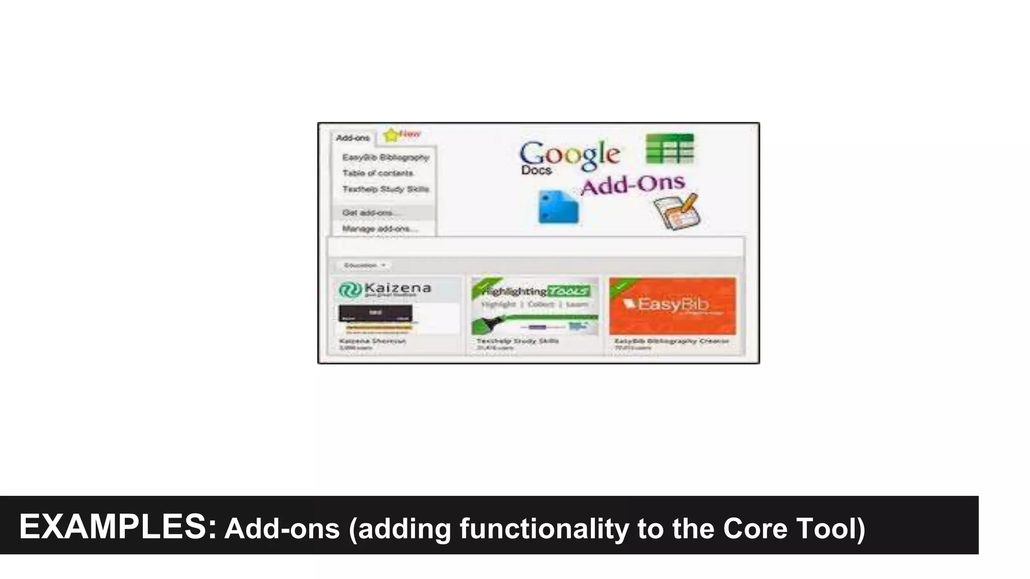 EXAMPLES: Add-ons (adding functionality to the Core Tool) 
 