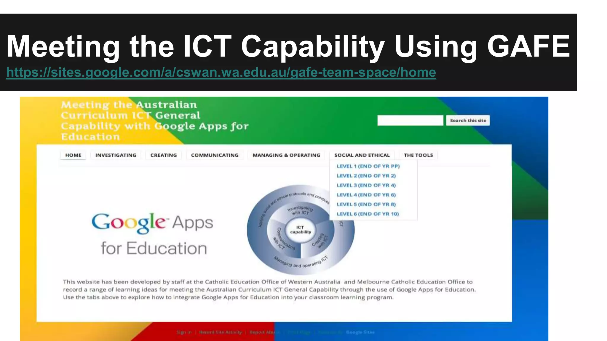 Meeting the ICT Capability Using GAFE 
https://sites.google.com/a/cswan.wa.edu.au/gafe-team-space/home 
 
