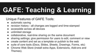 GAFE: Teaching & Learning 
Unique Features of GAFE Tools: 
● automatic saving 
● revision history - all changes are logged and time-stamped 
● accessible across all devices 
● unlimited storage 
● collaborative, real-time sharing on the same document 
● sharing settings; give permission for users to edit, comment or view 
● create content and set as a template or publish to the web 
● suite of core tools (Docs, Slides, Sheets, Drawings, Forms, etc) 
● Chrome Web Store (install extra Apps, Extensions, Add-ons and 
Themes). 
 
