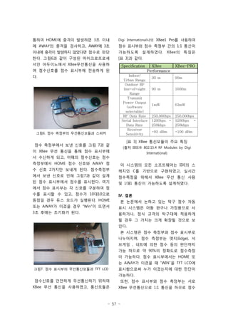 - 57 -
통하여 HOME에 충격이 발생하면 3초 이내
에 AWAY의 충격을 검사하고, AWAY에 3초
이내에 충격이 발생하지 않았다면 점수로 판단
한다. 그림6과 같이 구성된 마이크로프로세
서인 아두이노에서 XBee무선통신을 사용하
여 점수신호를 점수 표시부에 전송하게 된
다.
그림6. 점수 측정부의 무선통신모듈과 스피커
점수 측정부에서 보낸 신호를 그림 7과 같
이 XBee 무선 통신을 통해 점수 표시부에
서 수신하게 되고, 이때의 점수신호는 점수
측정부에서 HOME 점수 신호와 AWAY 점
수 신호 2가지만 보내게 된다. 점수측정부
에서 보낸 신호로 인해 그림7과 같이 설계
된 점수 표시부에서 점수를 표시한다. 여기
에서 점수 표시부는 각 신호를 구분하여 점
수를 표시할 수 있고, 점수가 10대10으로
동점일 경우 듀스 모드가 실행된다. HOME
또는 AWAY가 이겼을 경우 “Win”이 뜨면서
3초 후에는 초기화가 된다.
그림7. 점수 표시부의 무선통신모듈과 TFT LCD
점수신호를 안전하게 무선통신하기 위하여
XBee 무선 통신을 사용하였고, 통신모듈은
Digi International사의 XBee1 Pro를 사용하여
점수 표시부와 점수 측정부 간의 1:1 통신이
가능하도록 설계하였다. XBee의 특징은
[표 3]과 같다.
Specification XBee XBee-PRO
Performance
Indoor/
Urban Range
30 m 90m
Outdoor RF
line-of-sight
Range
90 m 1600m
Transmit
Power Output
(software
selectable)
1mW 63mW
RF Data Rate 250,000bps 250,000bps
Serial Interface
Data Rate
1200bps -
250kbps
1200bps -
250kbps
Receiver
Sensitivity
-92 dBm -100 dBm
[표 3] XBee 통신모듈의 주요 특징
(출처 IEEE® 802.15.4 RF Modules by Digi
International)
이 시스템의 모든 소프트웨어는 IDE의 스
케치인 C를 기반으로 구현하였고, 실시간
점수측정을 위해서 XBee 무선 통신 사용
및 1대1 통신이 가능하도록 설계하였다.
Ⅳ. 결론
본 논문에서 논하고 있는 탁구 점수 자동
표시 시스템은 아동 완구나 가정용으로 사
용하거나, 정식 규격의 탁구대에 적용하게
될 경우 그 가치는 크게 확장될 것으로 보
인다.
본 시스템은 점수 측정부와 점수 표시부로
나누어지며, 점수 측정부는 엣지(Edge), 서
브게임 , 네트에 의한 점수 등의 판단까지
가능 하므로 약 90%의 정확도로 점수측정
이 가능하다. 점수 표시부에서는 HOME 또
는 AWAY가 이겼을 때 “WIN”을 TFT LCD에
표시함으로써 누가 이겼는지에 대한 판단이
가능하다.
또한, 점수 표시부와 점수 측정부는 서로
XBee 무선통신으로 1:1 통신을 하므로 점수
 