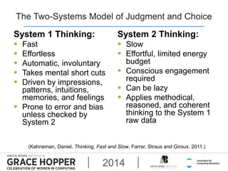 The Two-Systems Model of Judgment and Choice 
System 1 Thinking: 
 Fast 
 Effortless 
 Automatic, involuntary 
 Takes ...