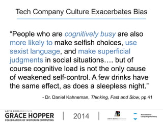 Tech Company Culture Exacerbates Bias 
“People who are cognitively busy are also 
more likely to make selfish choices, use...