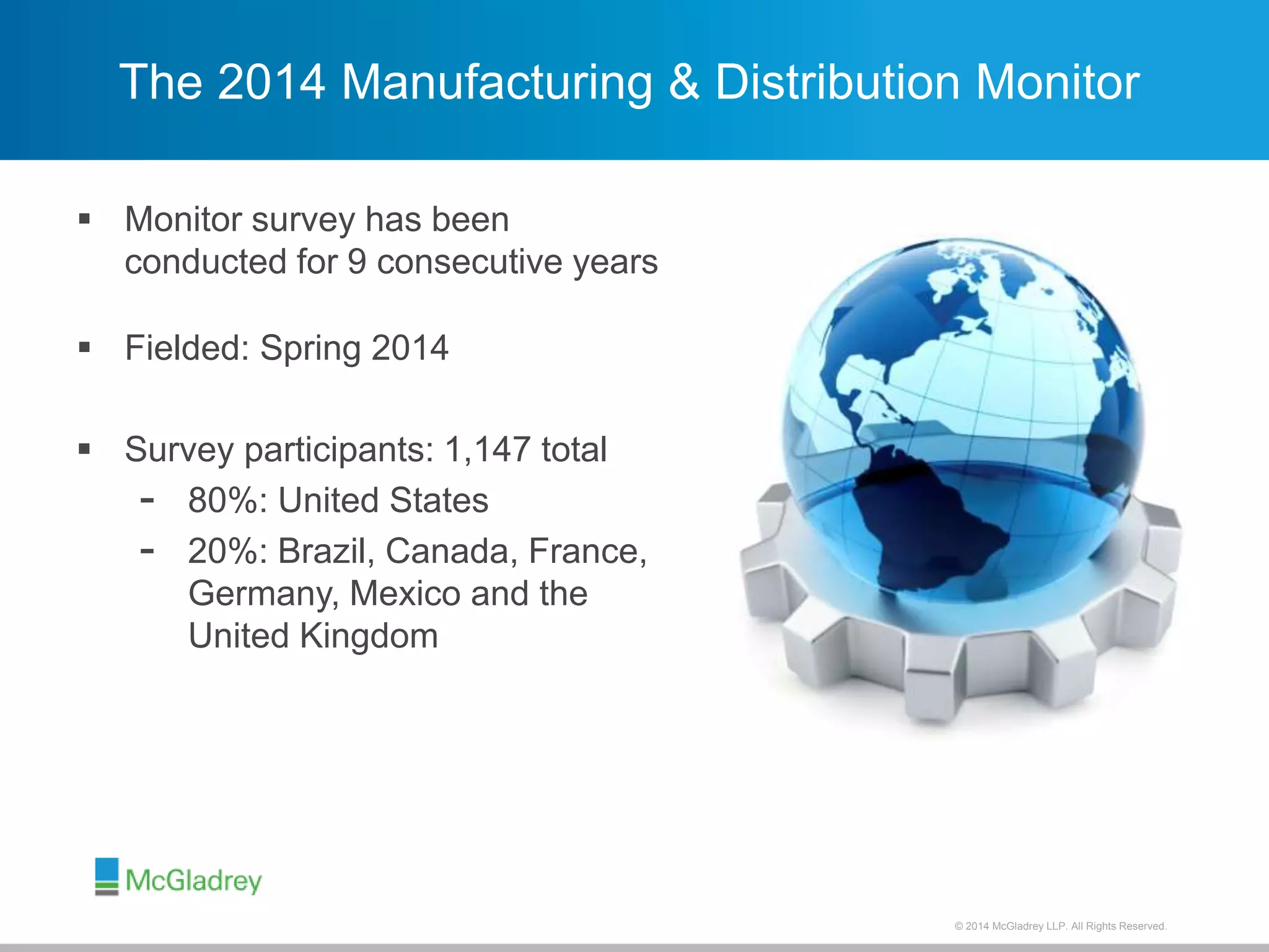 The 2014 Manufacturing & Distribution Monitor 
© 2012 McGladrey © 2014 McGladrey LLLLPP.. AAlll RRiigghhttss RReesseerrvveedd.. 
 Monitor survey has been 
conducted for 9 consecutive years 
 Fielded: Spring 2014 
 Survey participants: 1,147 total 
- 80%: United States 
- 20%: Brazil, Canada, France, 
Germany, Mexico and the 
United Kingdom 
15 
 