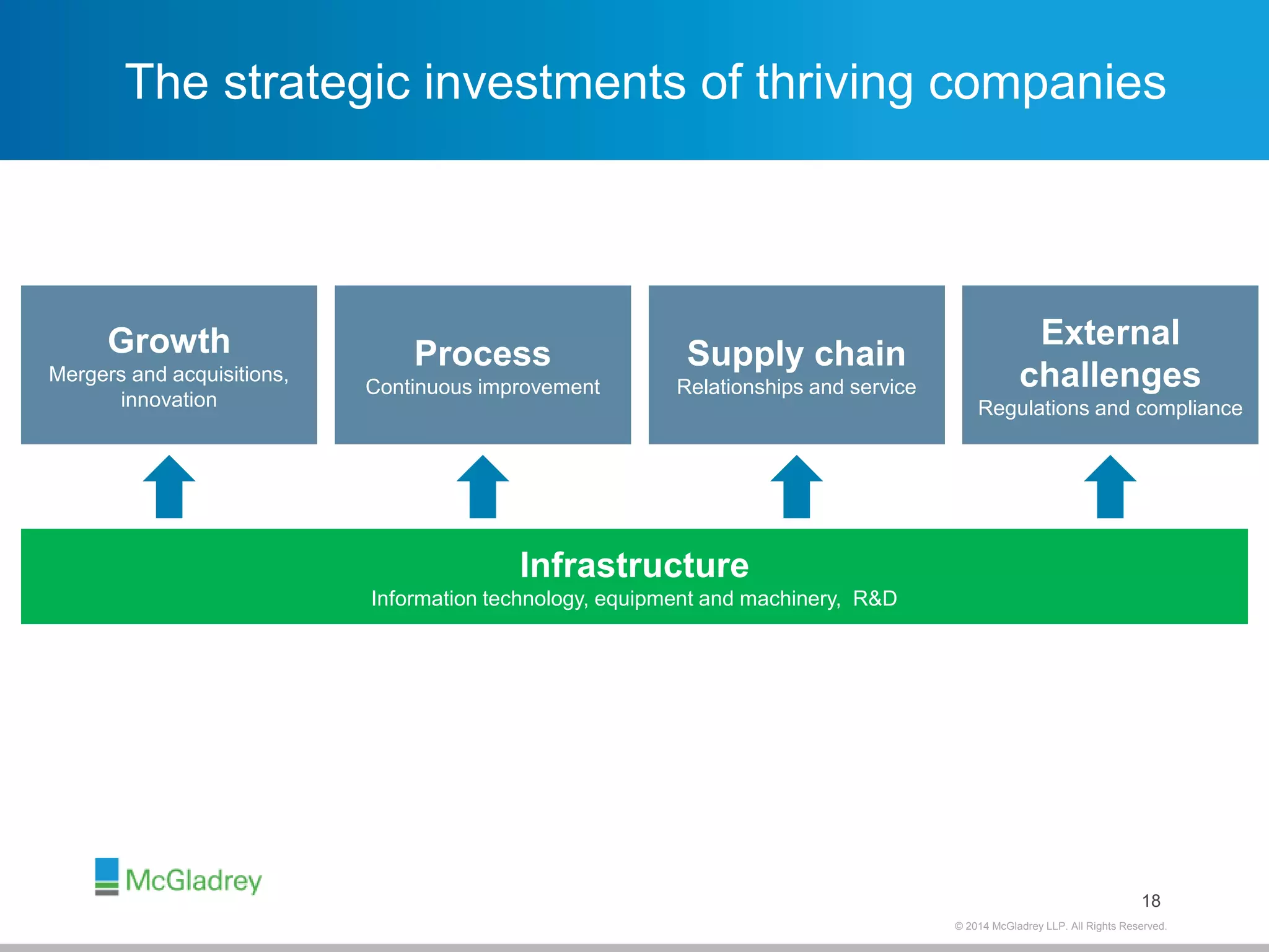 The strategic investments of thriving companies 
18 
© 2012 McGladrey © 2014 McGladrey LLLLPP.. AAlll RRiigghhttss RReesseerrvveedd.. 
Infrastructure 
Information technology, equipment and machinery, R&D 
External 
challenges 
Regulations and compliance 
Process 
Continuous improvement 
Growth 
Mergers and acquisitions, 
innovation 
Supply chain 
Relationships and service 
 