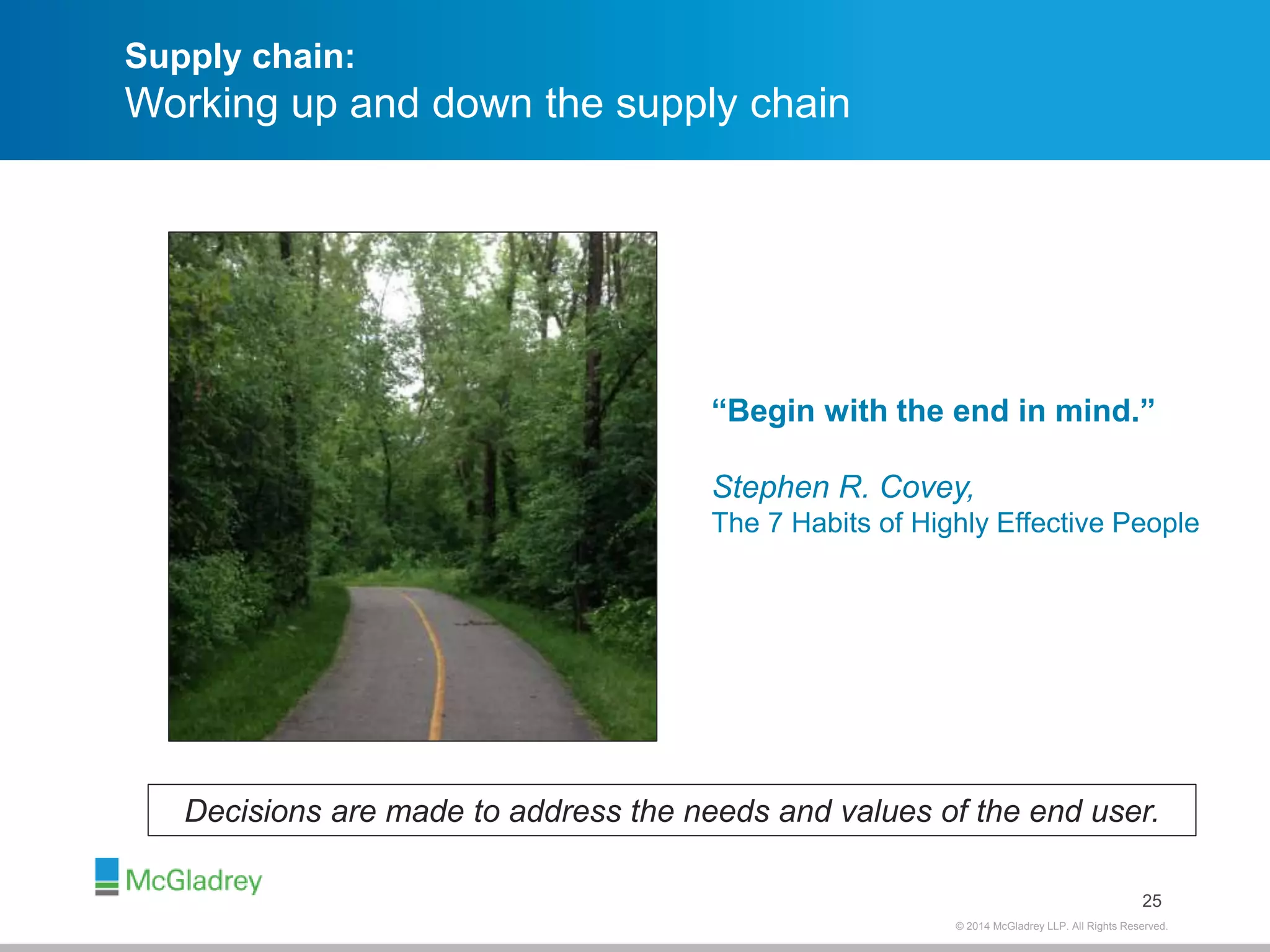 “Begin with the end in mind.” 
Stephen R. Covey, 
The 7 Habits of Highly Effective People 
25 
© 2012 McGladrey © 2014 McGladrey LLLLPP.. AAlll RRiigghhttss RReesseerrvveedd.. 
Supply chain: 
Working up and down the supply chain 
Decisions are made to address the needs and values of the end user. 
 
