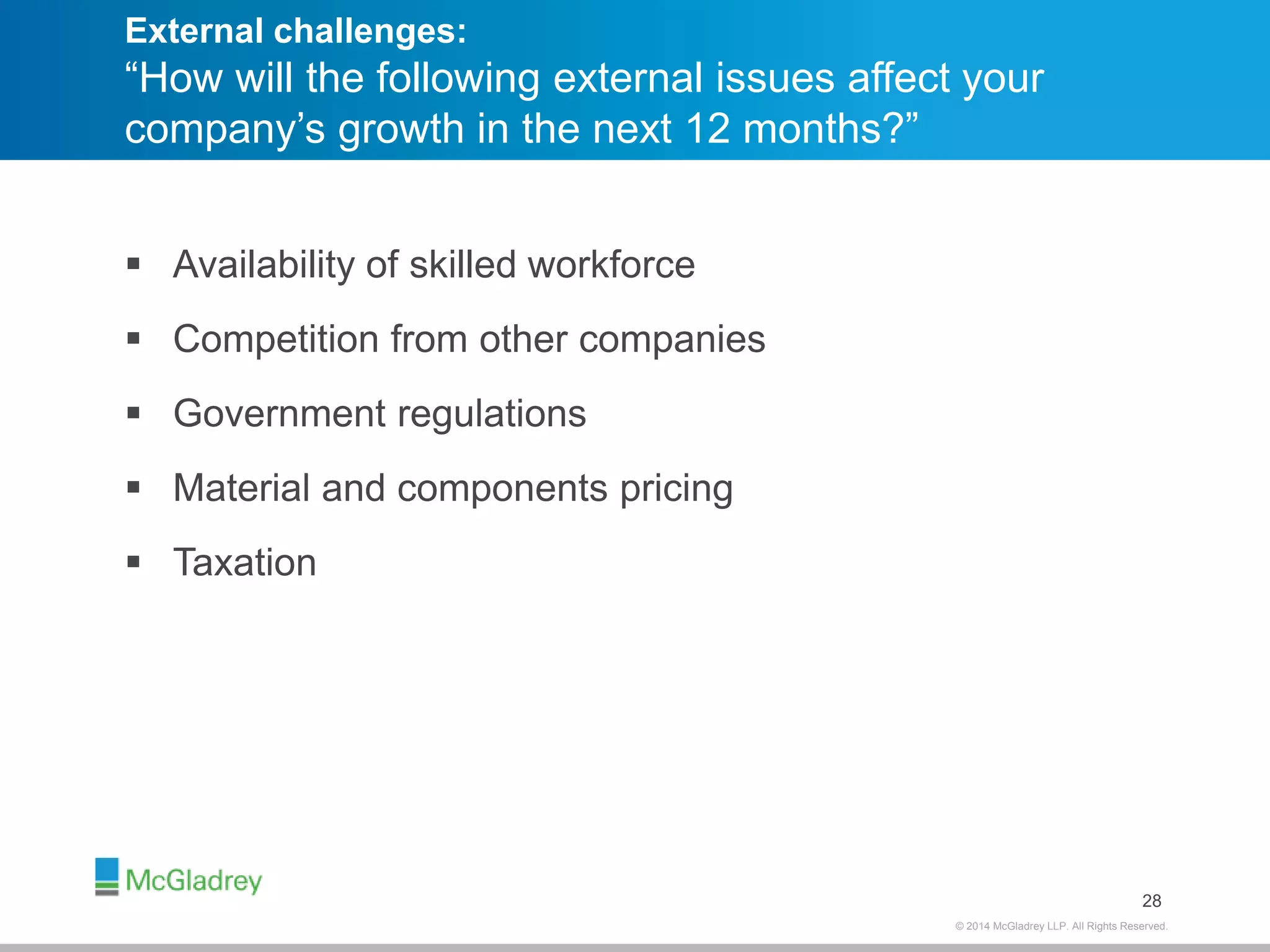 External challenges: 
“How will the following external issues affect your 
company’s growth in the next 12 months?” 
© 2012 McGladrey © 2014 McGladrey LLLLPP.. AAlll RRiigghhttss RReesseerrvveedd.. 
 Availability of skilled workforce 
 Competition from other companies 
 Government regulations 
 Material and components pricing 
 Taxation 
28 
 
