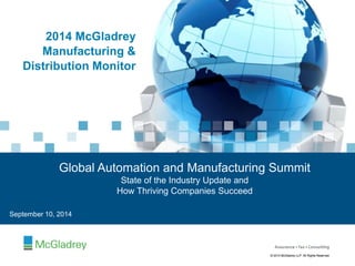 Global Automation and Manufacturing Summit 
© 22001124 MccGllaaddrreeyy LLLLPP.. AAllll RRiigghhttss RReesseerrvveedd.. 
© 2012 McGladrey © 2014 McGladrey LLLLPP.. AAlll RRiigghhttss RReesseerrvveedd.. 
2014 McGladrey 
Manufacturing & 
Distribution Monitor 
2013 McGladrey LLP. All Rights Reserved. 
September 10, 2014 
State of the Industry Update and 
How Thriving Companies Succeed 
 