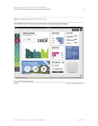 For eBusiness  Channel Strategy Professionals 
2014 Global Mobile Banking Functionality Benchmark 11 
Figure 6 Tablet Banking Is On The Rise (Cont.) 
6-2 BNP Paribas’ iPad app includes interactive money management displays 
Source: BNP Paribas iPad app 
116779 Source: Forrester Research, Inc. 
© 2014, Forrester Research, Inc. Reproduction Prohibited July 17, 2014 
 