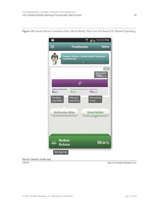 For eBusiness  Channel Strategy Professionals 
2014 Global Mobile Banking Functionality Benchmark 16 
Figure 10 Garanti Shows Customers How Much Money They Can Use Based On Planned Spending 
Source: Garanti mobile app 
Pending 
payments 
Savings box 
Planned 
spending 
Remaining 
funds 
116779 Source: Forrester Research, Inc. 
© 2014, Forrester Research, Inc. Reproduction Prohibited July 17, 2014 
 