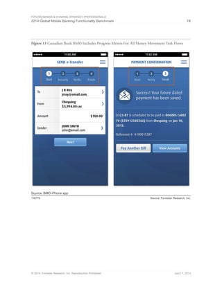 For eBusiness  Channel Strategy Professionals 
2014 Global Mobile Banking Functionality Benchmark 18 
Figure 11 Canadian Bank BMO Includes Progress Meters For All Money Movement Task Flows 
Source: BMO iPhone app 
116779 Source: Forrester Research, Inc. 
© 2014, Forrester Research, Inc. Reproduction Prohibited July 17, 2014 
 