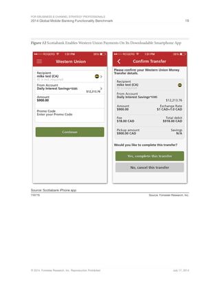 For eBusiness  Channel Strategy Professionals 
2014 Global Mobile Banking Functionality Benchmark 19 
Figure 12 Scotiabank Enables Western Union Payments On Its Downloadable Smartphone App 
Source: Scotiabank iPhone app 
116779 Source: Forrester Research, Inc. 
© 2014, Forrester Research, Inc. Reproduction Prohibited July 17, 2014 
 